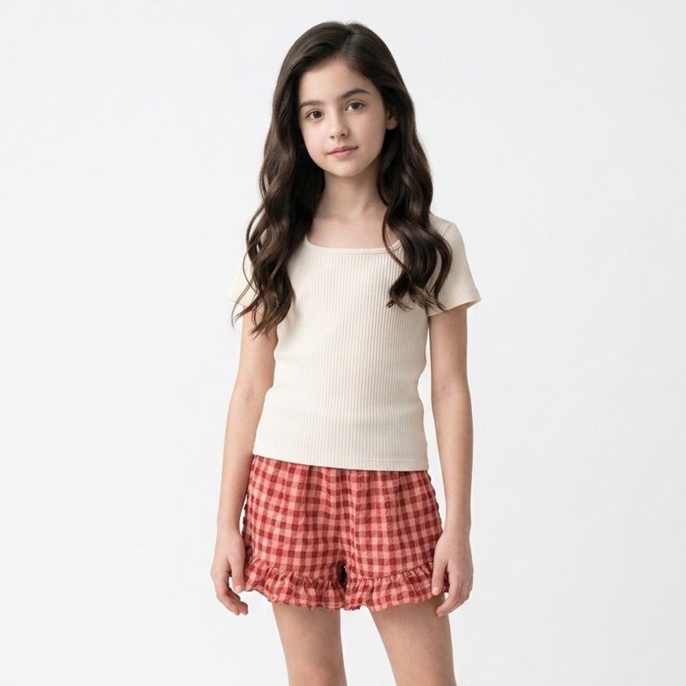 The New Society Girl’s 6Y Shorts Cotton Seersucker Ruffle Trim Checked Pull-on